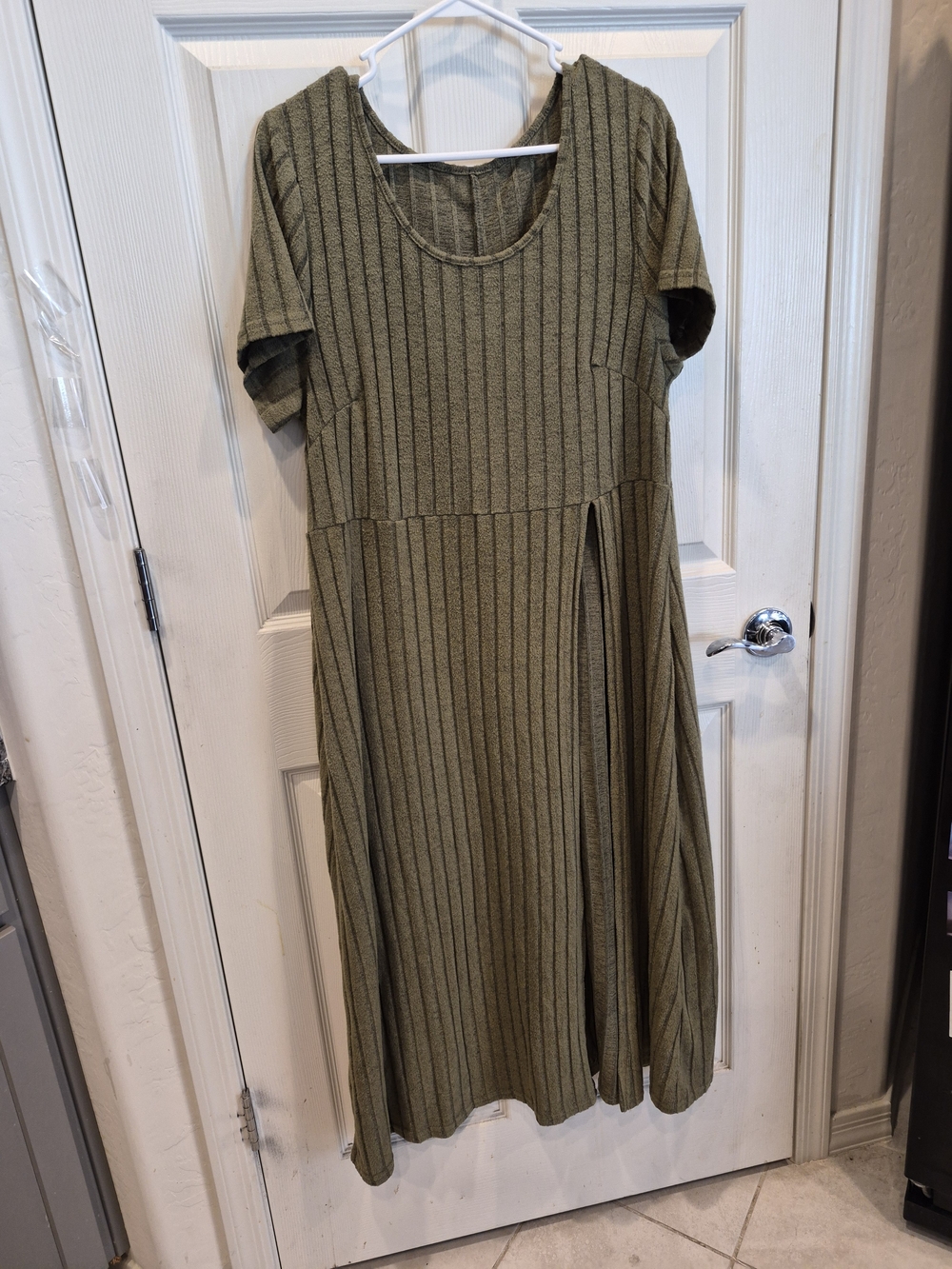 SHEIN Olive Green Ribbed Short-Sleeve Maxi Split Dress